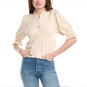 Ba&sh Sera Ecru Knit Pullover Ruffle Collar Puff Sleeve Button Front Women XS